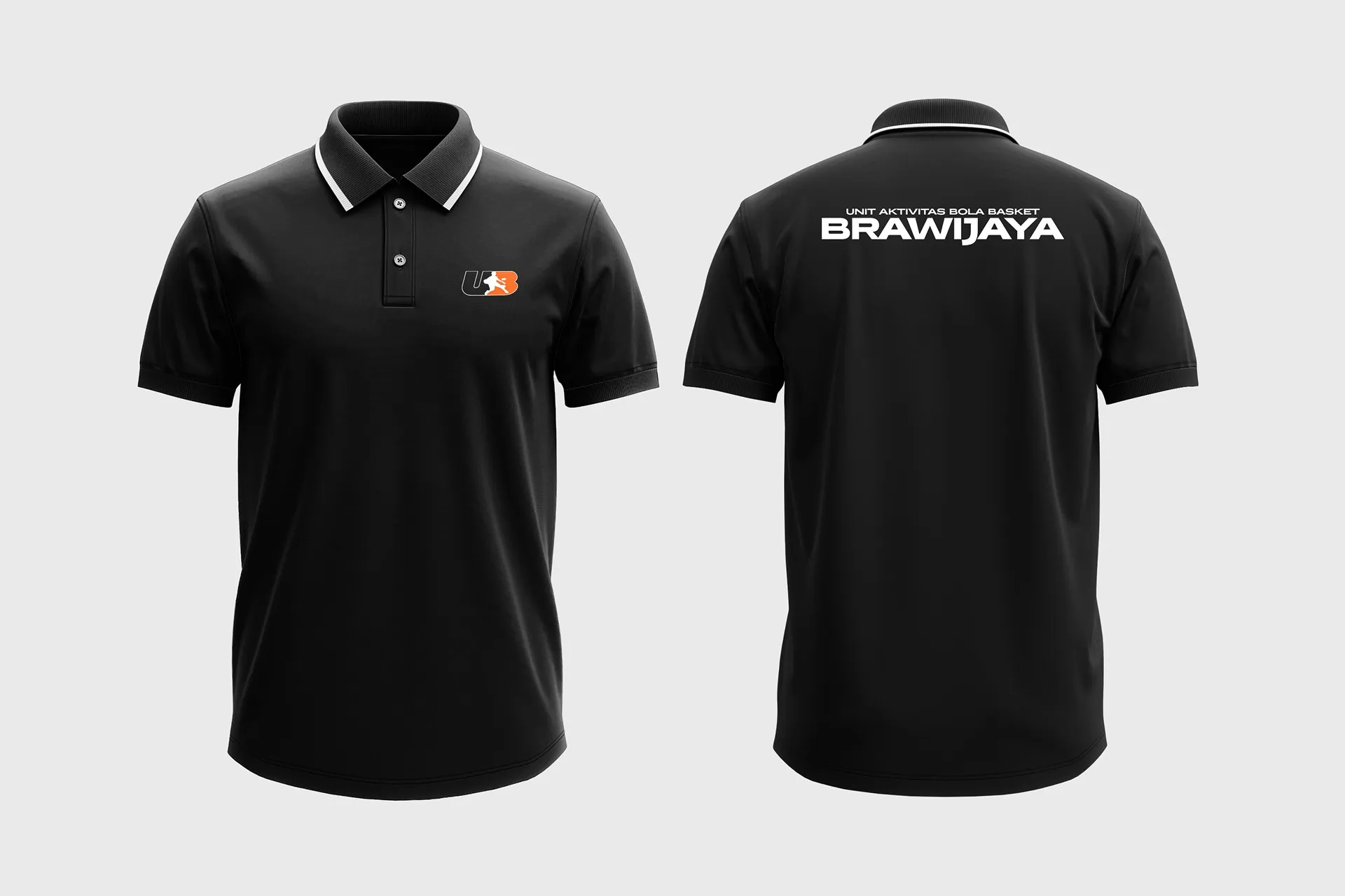 Desain polo hitam pengurus UABB, tampak depan dan belakang