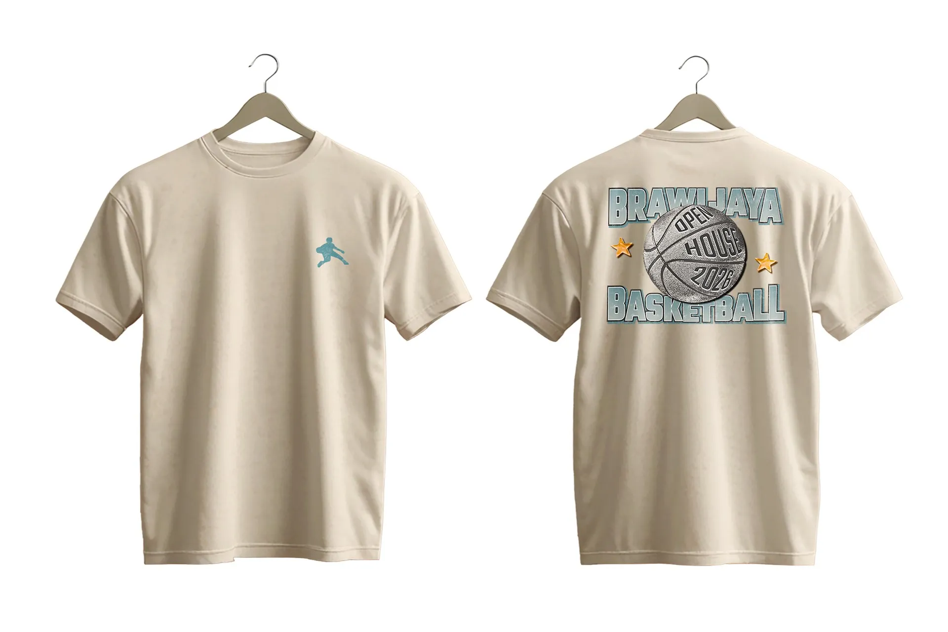 Desain kaos krem pengurus UABB, tampak depan dan belakang