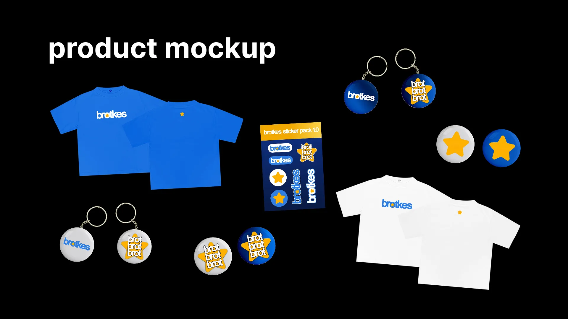 Mockup merchandise Brotkes: kaos, gantungan kunci, dan pin