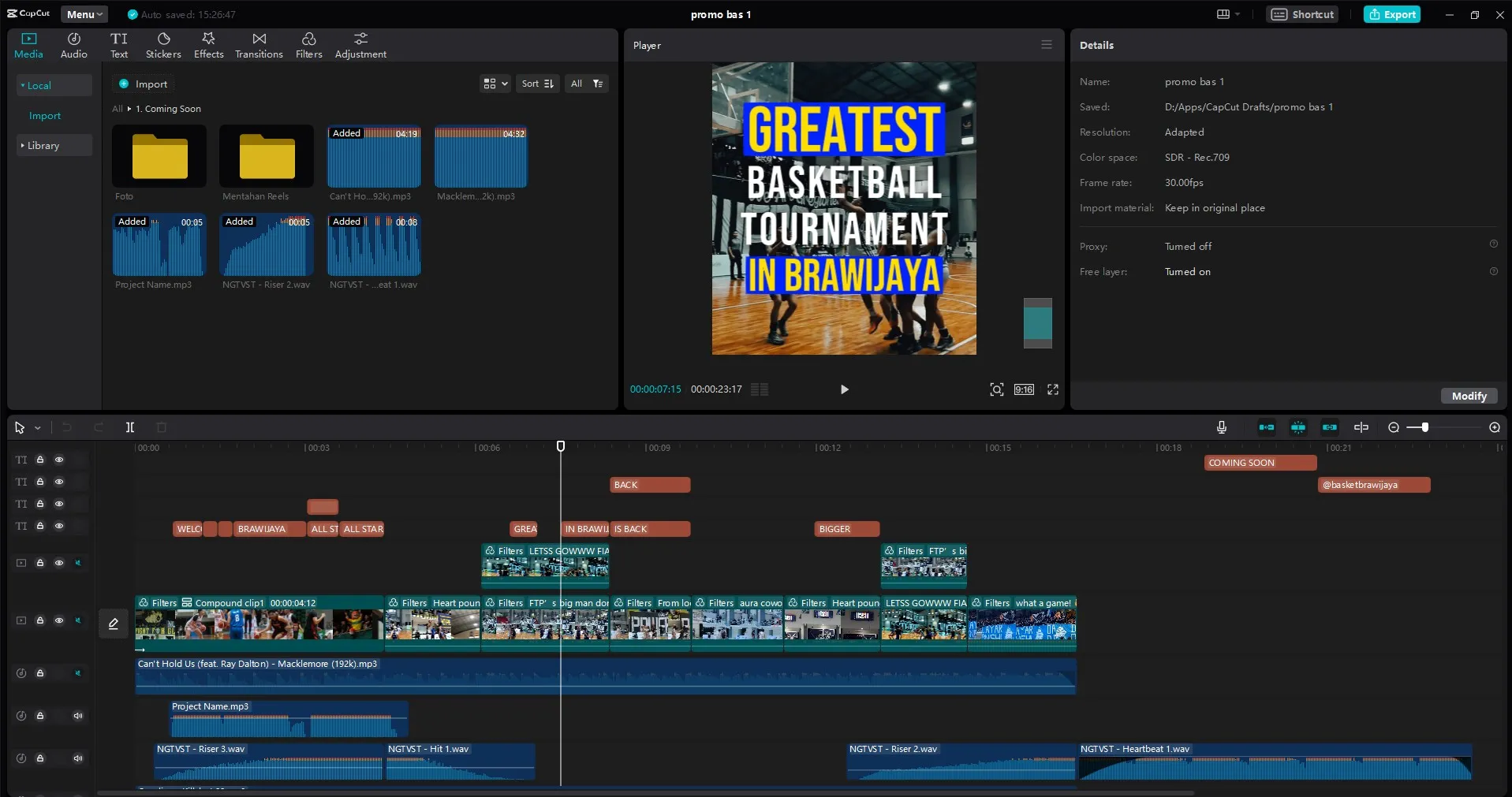 Timeline editing video promo di CapCut