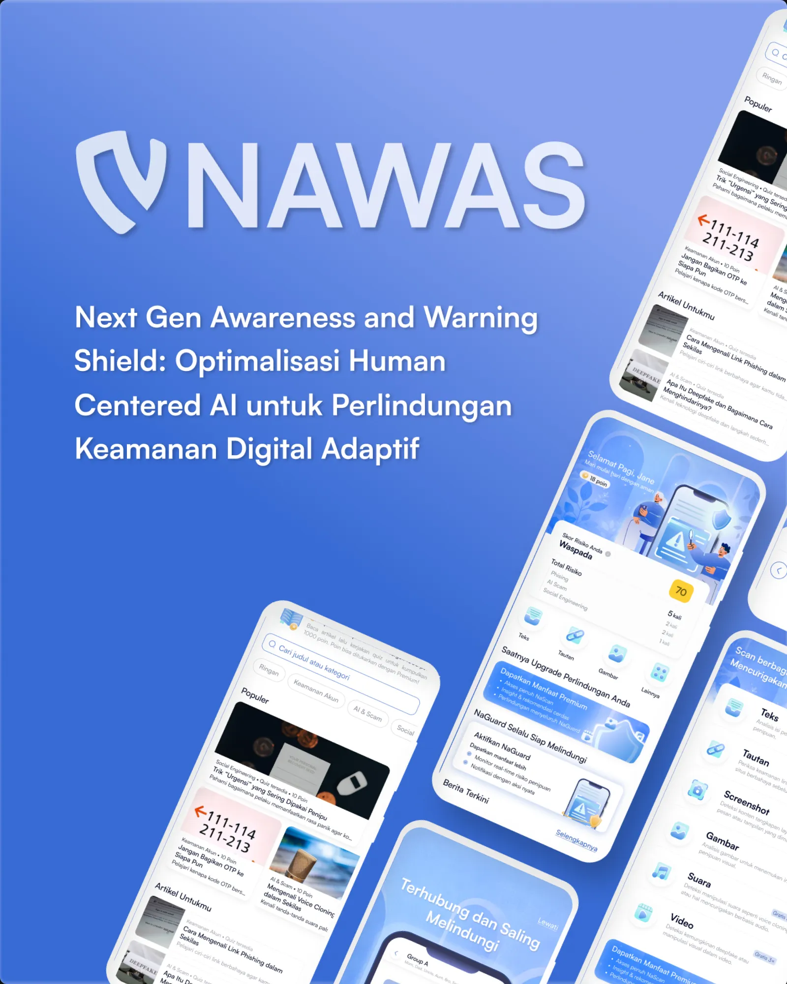 Presentasi desain UX NAWAS dengan mockup aplikasi